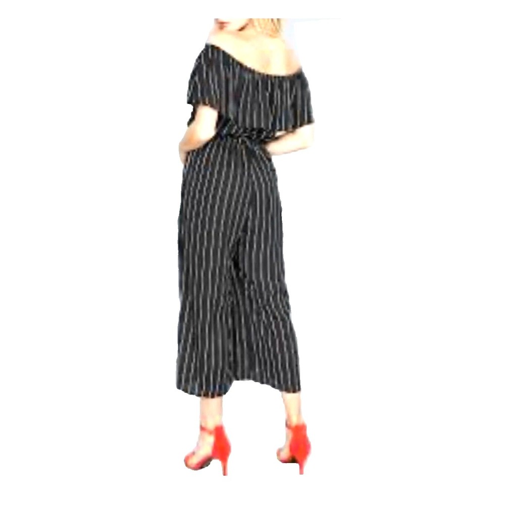 She + Sky Striped Off Shoulder Cropped Wide Leg Jumpsuit Women's S Pockets NEW